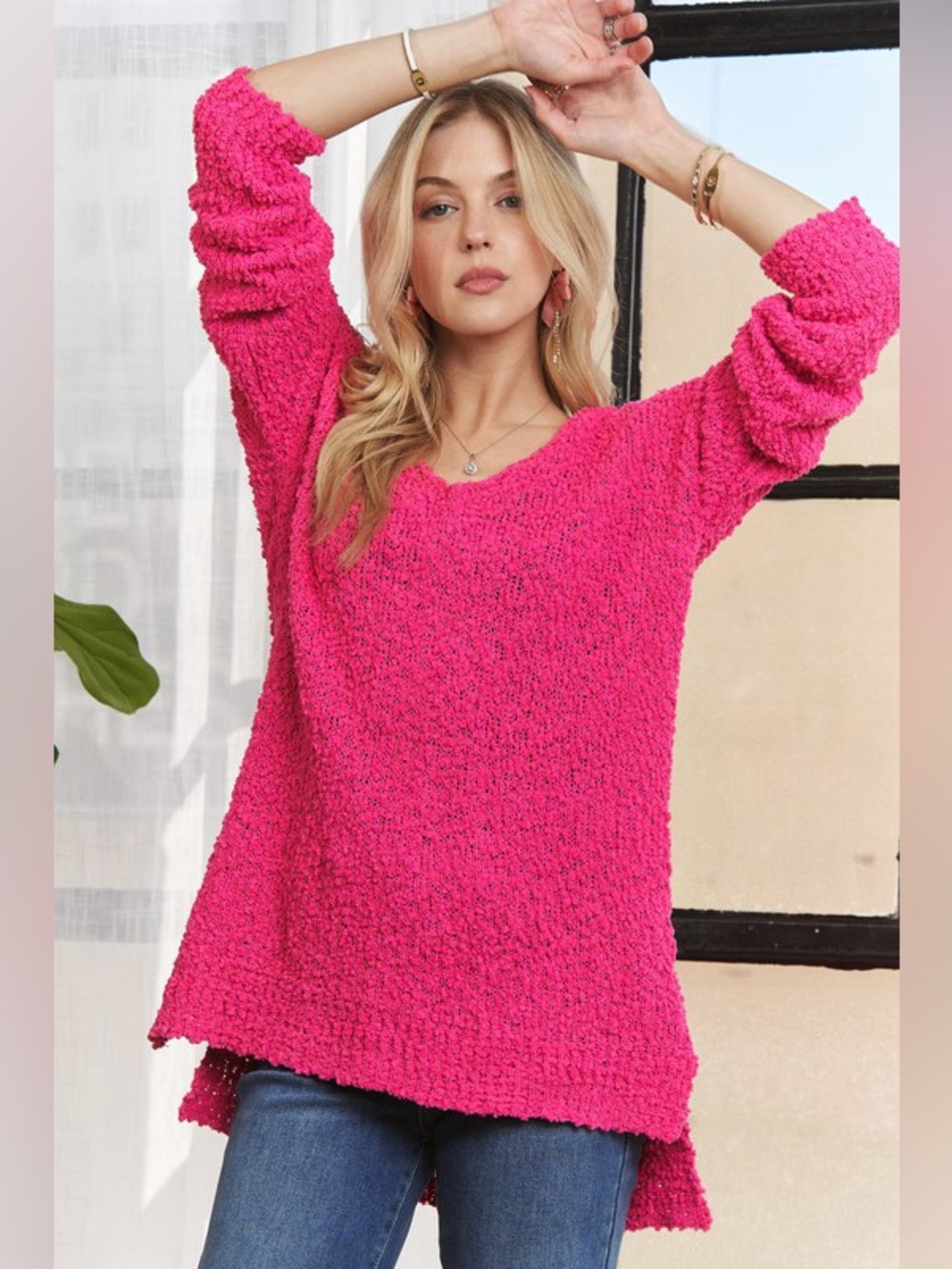 ADORA High-Low Side Slit V-Neck Sweater